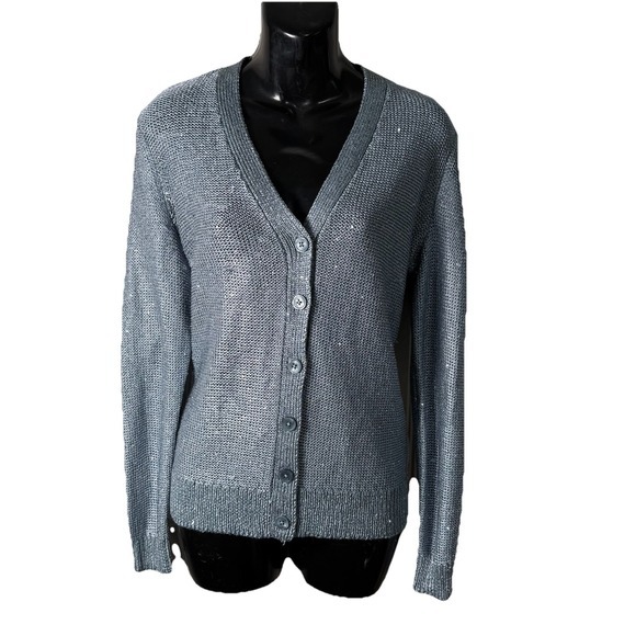 Ralph Lauren Sequin‎ Cardigan Women's Small Indigo Blue Gray Linen Blend Classic - Picture 1 of 12